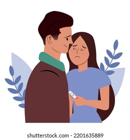 Pareja triste con ilustración vectorial de prueba de embarazo negativa. Mujer y hombre infértiles soñando con el bebé. Problema de fertilidad, embarazo, concepto familiar para banner o página de aterrizaje.