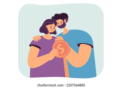 Sad couple of poor people holding coin. Financial crisis and anxiety of tiny man and woman flat vector illustration. Family, bankruptcy, debt concept for banner, website design or landing web page