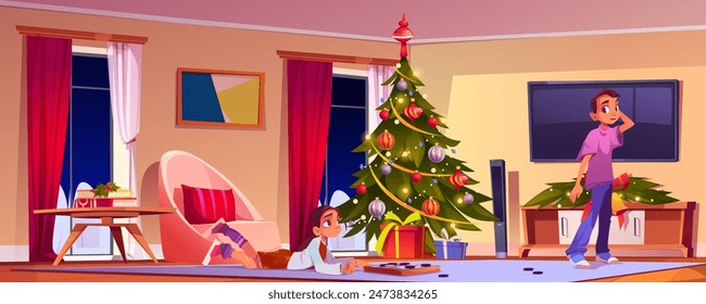 Sad couple in room on Christmas eve. Vector cartoon illustration of pensive young man, sad woman lying on floor, Xmas tree decorated with toys and color garland lights, gift boxes in living room