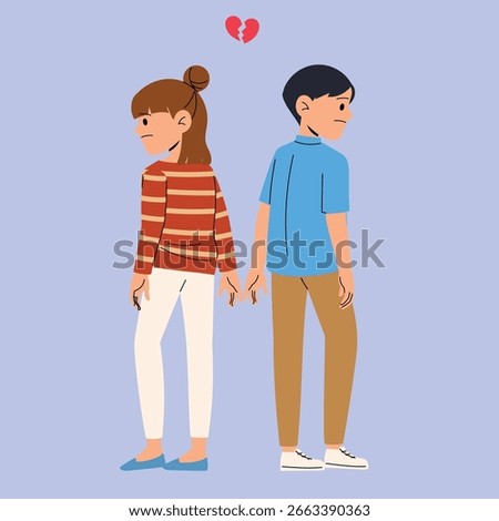 sad couple separate with broken heart, unhappy woman and man break up,  end of relationship, man and female character quarrel and divorce, relationship difficulties issue illustration 
