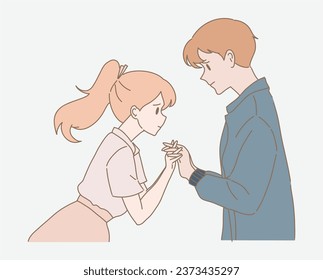 Sad couple separating, breaking up. Man holding woman's hands, saying goodbye. Long distance relationship. Hand drawn flat cartoon character vector illustration.