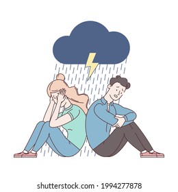 Sad couple sitting on the floor. Husband and wife are experiencing problems in the family. Rain, dark cloud, lightning. Divorce, separate residence. Fatigue of welding. Abstract vector illustration