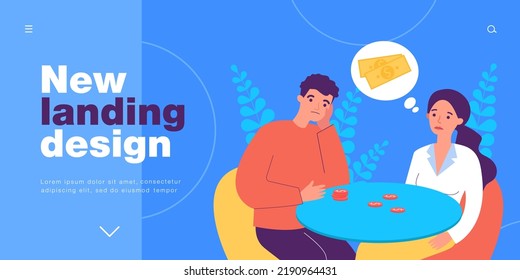 Triste pareja sentada en la mesa y contando monedas de dinero. Estrés del hombre y la mujer con problemas financieros ilustración plana vectorial. Presupuesto, concepto de pobreza para banner, diseño de sitios web o página web de aterrizaje