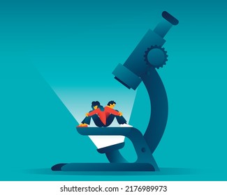 Sad couple sitting under a microscope. Depression causes analysis. Concept of scientific research of the causes of anxiety in couples. Relationship crisis and conflicts. Vector illustration