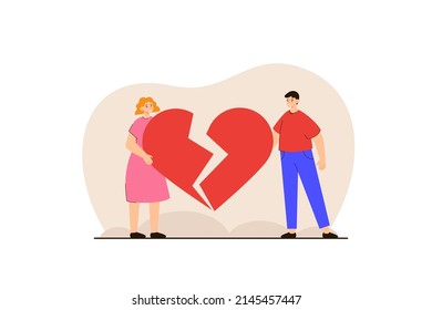 Sad couple standing near broken heart. Husband and wife break up. Family crisis and divorce concept. Jealousy, mistrust, betrayal, cheating. Modern flat vector illustration