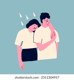 Sad couple standing under rain drops. Cartoon style characters. Hand drawn Vector isolated illustration. Bad mood, sadness, depression, sorrow, mental health problem, psychological disorder concept