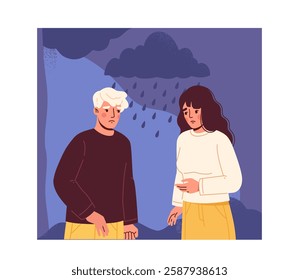 A sad couple stands under dark rainy clouds, looking upset. The background is in shades of blue, emphasizing a gloomy atmosphere. Concept of relationship problems. Vector illustration