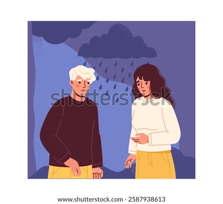 A sad couple stands under dark rainy clouds, looking upset. The background is in shades of blue, emphasizing a gloomy atmosphere. Concept of relationship problems. Vector illustration