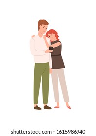 Sad couple use smartphone together vector flat illustration. Unhappy cartoon man and woman seeing terrible information on internet isolated on white background. Disappointed people using mobile app.