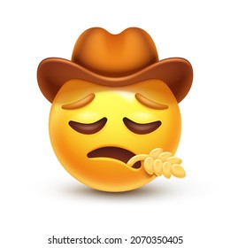 Sad cowboy emoji. Emoticon with leather cowboy hat and gloomy face. Sad howdy boy 3D stylized vector icon