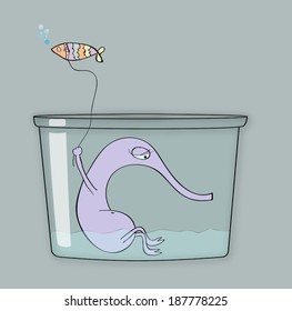 Sad creature sitting in water with fish on lead