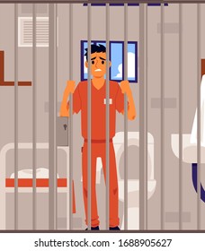 Sad Criminal In Prison Cell Looking Through Metal Bars - Cartoon Man In Orange Jumpsuit Standing With Upset Face. Flat Vector Illustration Of Male Prisoner.