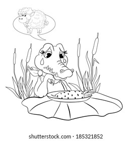 Sad crocodile tears in her eyes sits in front of a plate with carrots and thinks of lamb. Coloring book.