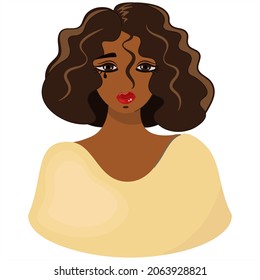 Sad crying African American girl going through life problems. Portrait of sad emotion of crying woman. An unhappy African American woman feels depressed. Mental health concept. Vector flat design.