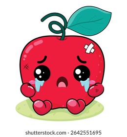 Sad And Crying Apple Cartoon Character With Wound On His Body Sitting On The Green Grass