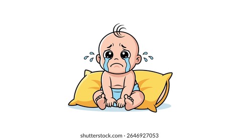 Triste Bebê Chorando Sentado Em Um Travesseiro Amarelo Com Lágrimas Correndo Pelo Rosto