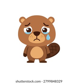 Sad crying beaver cartoon character with tears, cute emotion
