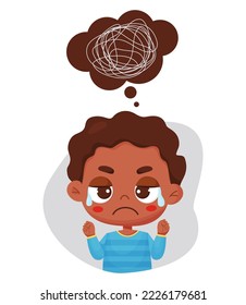 Triste llanto de niño de raza negra y burbuja con pensamientos confusos, busca una respuesta. Ilustración vectorial al estilo de las caricaturas. Pensamiento psicológico conceptual, depresión, pensamientos, dudas, anhelo