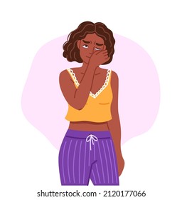 Una mujer negra triste y llorando se limpia las lágrimas. Deprimido infeliz disgustó a la chica afroamericana. Caricatura dibujada a mano. Ilustración aislada de vectores.