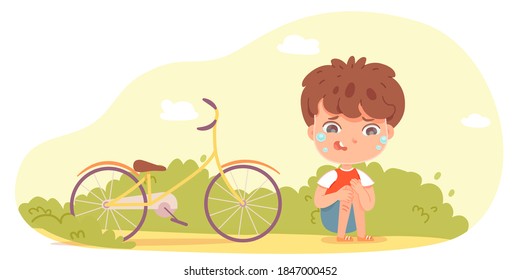 Un chico triste que lloraba se cayó de la bicicleta. Niña pequeña sentada en el suelo en el putdoor del parque, con daño en la pierna con ilustración del vector del dolor. Triste niño disgustado en problemas, paseo en verano en problemas de vacaciones.