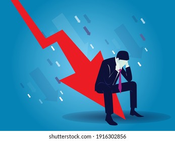 Sad crying businessman with down arrow, concept of bankruptcy, global economic recession, vector illustration