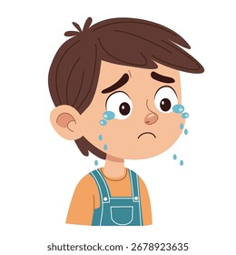 Sad crying cartoon boy face with tears. Vector illustration of childhood emotion, upset child, kid sorrow, temper tantrum, psychological trauma and school bullying concept.
