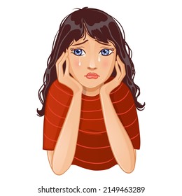 Sad crying cartoon girl in red blouse, vector illustration