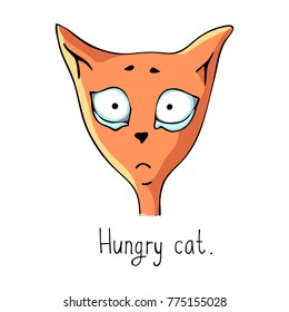 A sad, crying cartoon red cat with the inscription "hungry cat". Vector image isolated on white.