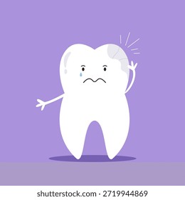 Sad Crying Cartoon Tooth Character with Cavity and Decay. Common Dental Problems Illustration.