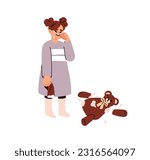 Sad crying child in bad whining mood. Weeping sobbing girl in tears with broken toy, torn teddy bear. Kid and childish problem, negative emotion. Flat vector illustration isolated on white background