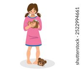 Sad crying child in bad whining mood. Weeping sobbing girl in tears with broken toy, torn teddy bear. Kid problem, negative emotion. Flat vector illustration isolated on white background.