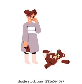 Sad crying child in bad whining mood. Weeping sobbing girl in tears with broken toy, torn teddy bear. Kid and childish problem, negative emotion. Flat vector illustration isolated on white background