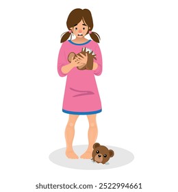 Sad crying child in bad whining mood. Weeping sobbing girl in tears with broken toy, torn teddy bear. Kid problem, negative emotion. Flat vector illustration isolated on white background.