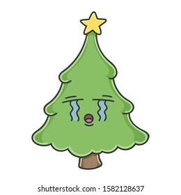 Sad crying Christmas tree cartoon character isolated on white