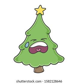 Sad crying Christmas tree cartoon character isolated on white