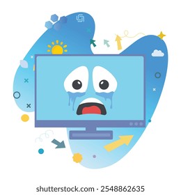 Triste Chorando Personagem de Computador na Tela do Monitor de Computador - Ilustração Vetorial Perfeita para Designs Divertidos e Alegres | Design de ícone de choro triste na tela do monitor do computador