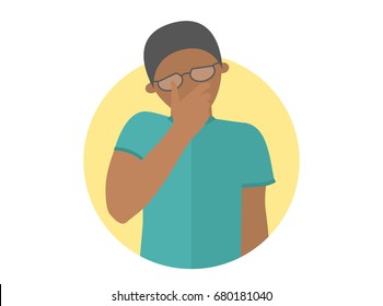 Sad, crying, depressed black boy in glasses. Flat design icon. Handsome man in grief, sorrow, trouble. Simply editable isolated on white vector sign