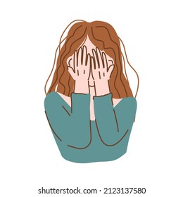 Sad crying depressive person. Mental disorder and depression. Frustrated, confused cartoon man is arms folded over its face. Vector illustration on a white background.