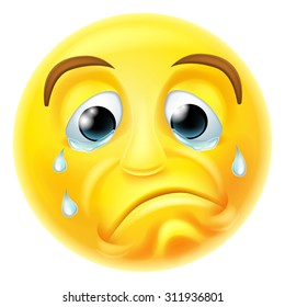 A sad crying emoji emoticon smiley face character with tears streaming down his face