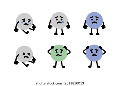 Sad crying emoji face emoticon set. Negative feeling, mood, emotion, facial expression, mental health, stress, anxiety concept. Flat cartoon character vector design isolated illustration.