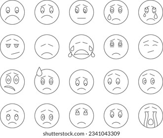 Triste, Llorando Reacciones Emojis Icons Set. Expresiones de emoción. Stroke editable. Colección de vectores de iconos simples