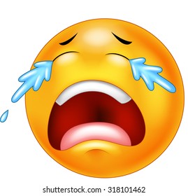 A sad crying emoticon smiley face character with tears streaming down his face