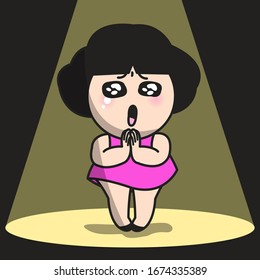 Sad Crying Girl Standing In Spotlight Concept Card Character illustration