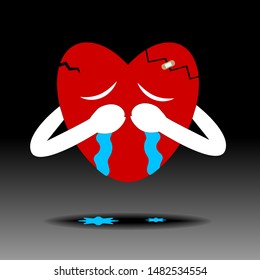 sad and crying heart cartoon vector with black background.