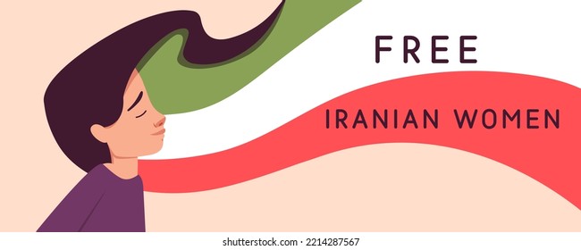 Sad crying Iranian young girl with closed eyes, long flying cuted hair colored in national flag color banner design. Freedom to women in Iran. Protest concept. Union, straggle, feminism movement