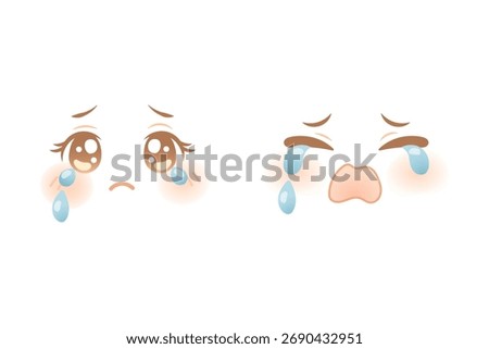 Sad crying kawaii anime faces with big teardrops