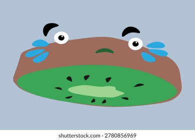 Sad crying kiwi fruit sticker with funny face cartoon character, vector illustration