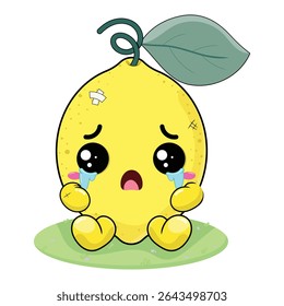 Sad And Crying Lemon Cartoon Character With Wound On His Body Sitting On The Green Grass