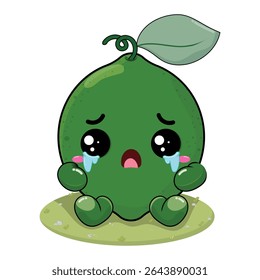 Sad And Crying Lime Cartoon Character With Wound On His Body Sitting On The Green Grass