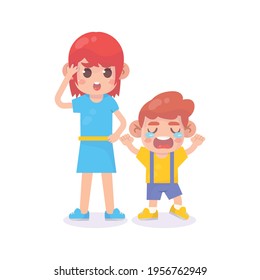 Sad crying little kid boy with mom